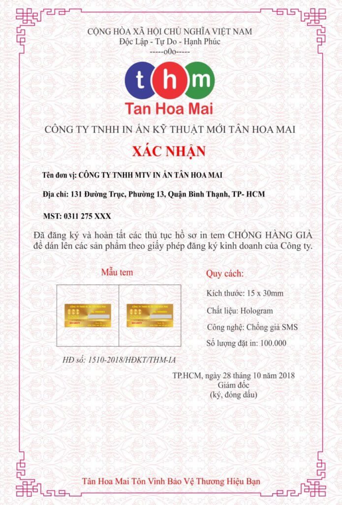 giấy chứng nhận in tem chống giả tân hoa mai