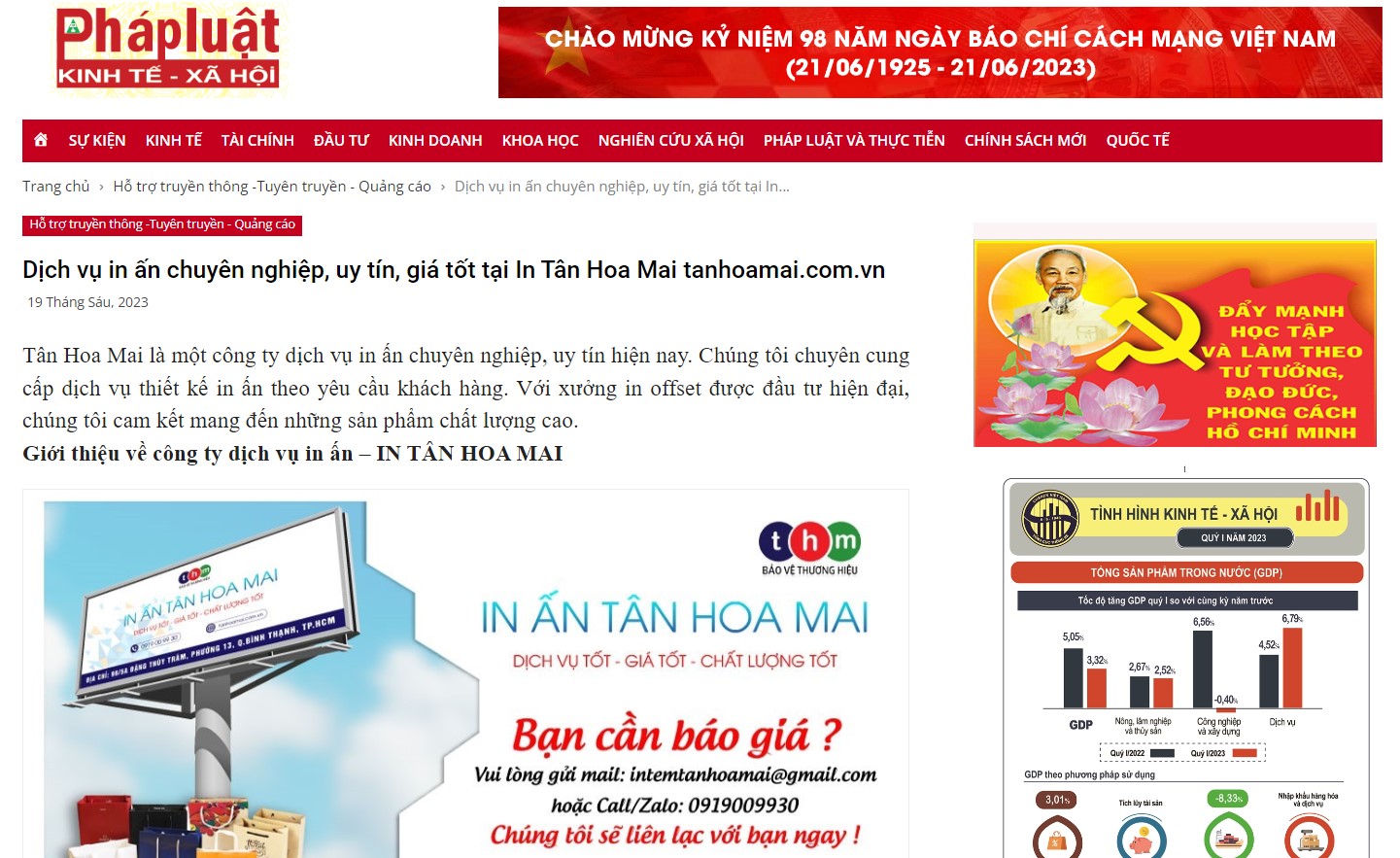 báo pháp luật kinh tế xã hội nói về dịch vụ in ấn tân hoa mai