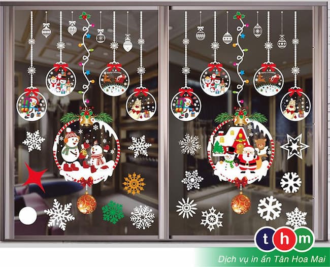 trang trí kính bằng decal dán mùa noel